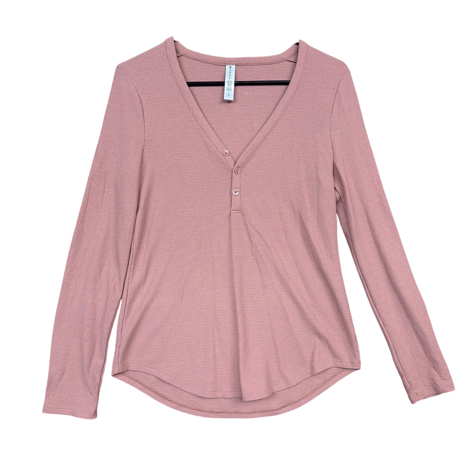 Athleta Womens Shirt Blush Pink Waffle Knit V Neck Henley Long Sleeve Stretch S